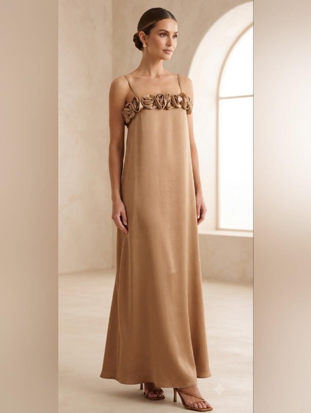 Elings Tan‎ Floral Rosette Top Tan Satin Maxi Dress Size Large NWT